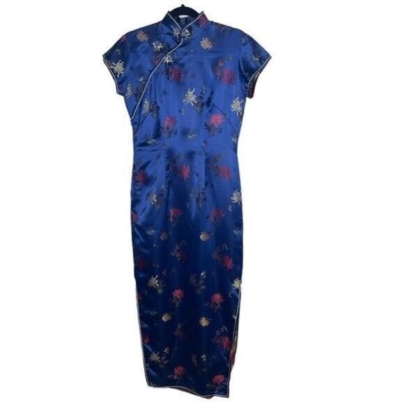 VINTAGE Long Cheongsam Dress Slim Qipao Chinese Lady Satin Dress Gown Size Small - Picture 3 of 11